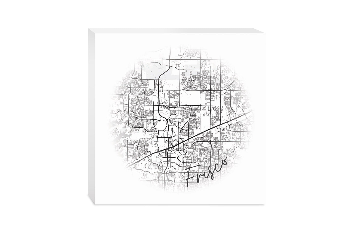 Minimalistic B&W Texas Frisco Circle Map | Wood Block | Eaches | Min 2