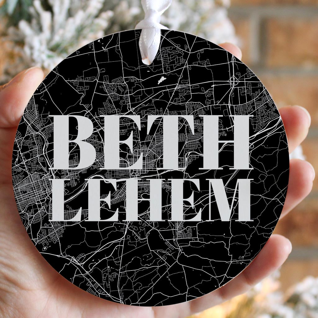 Minimalistic B&W Pennsylvania Bethlehem Map| Wood Ornament | Eaches | Min 6