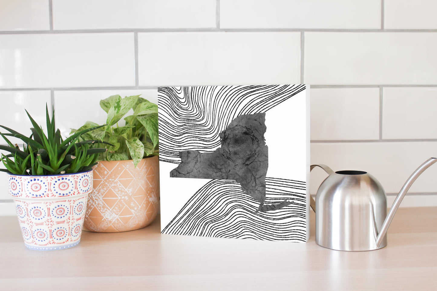 Minimalistic B&W New York State With Fluid Lines | Wood Block | Eaches | Min 2