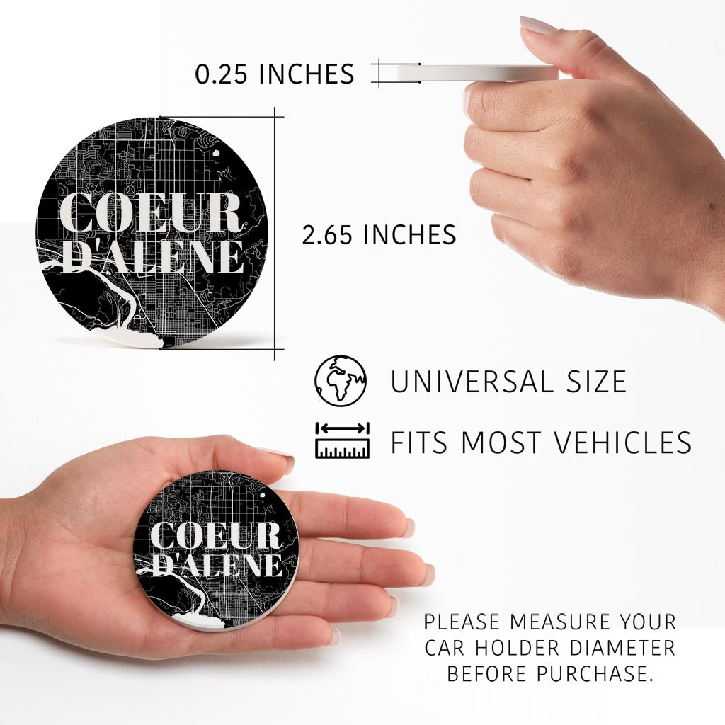 Minimalist B&W Idaho Coeur Dalene Map | Absorbent Car Coasters | Set of 2 | Min 4