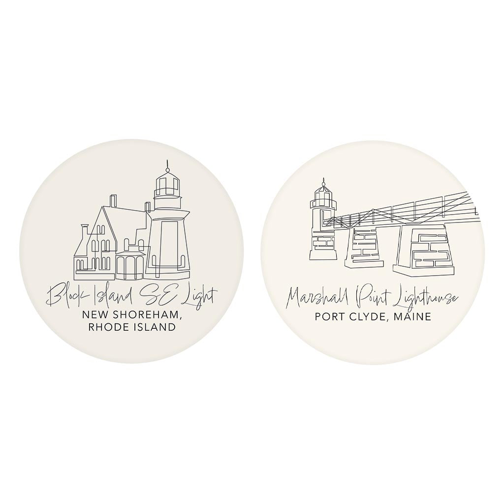 New England Lighthouses Cream Colored | Absorbent Car Coasters | Set of 2 | Min 4