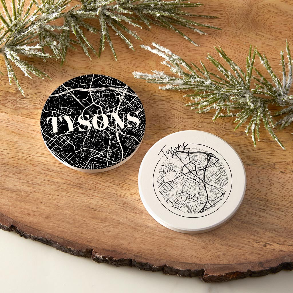 Minimalistic B&W Virginia Tysons Maps | Absorbent Car Coasters | Set of 2 | Min 4
