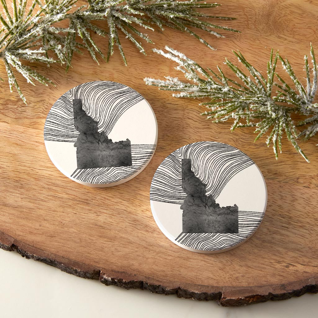Minimalist B&W Idaho State With Fluid Lines | Absorbent Car Coasters | Set of 2 | Min 4