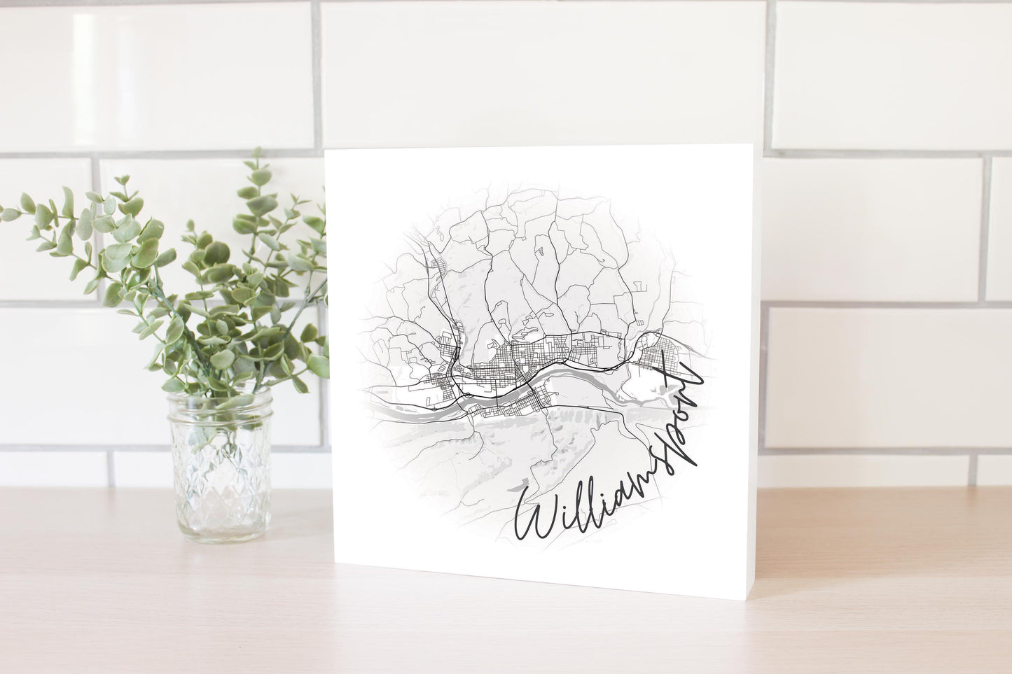Minimalistic B&W Pennsylvania Williamsport Circle Map | Wood Block | Eaches | Min 2