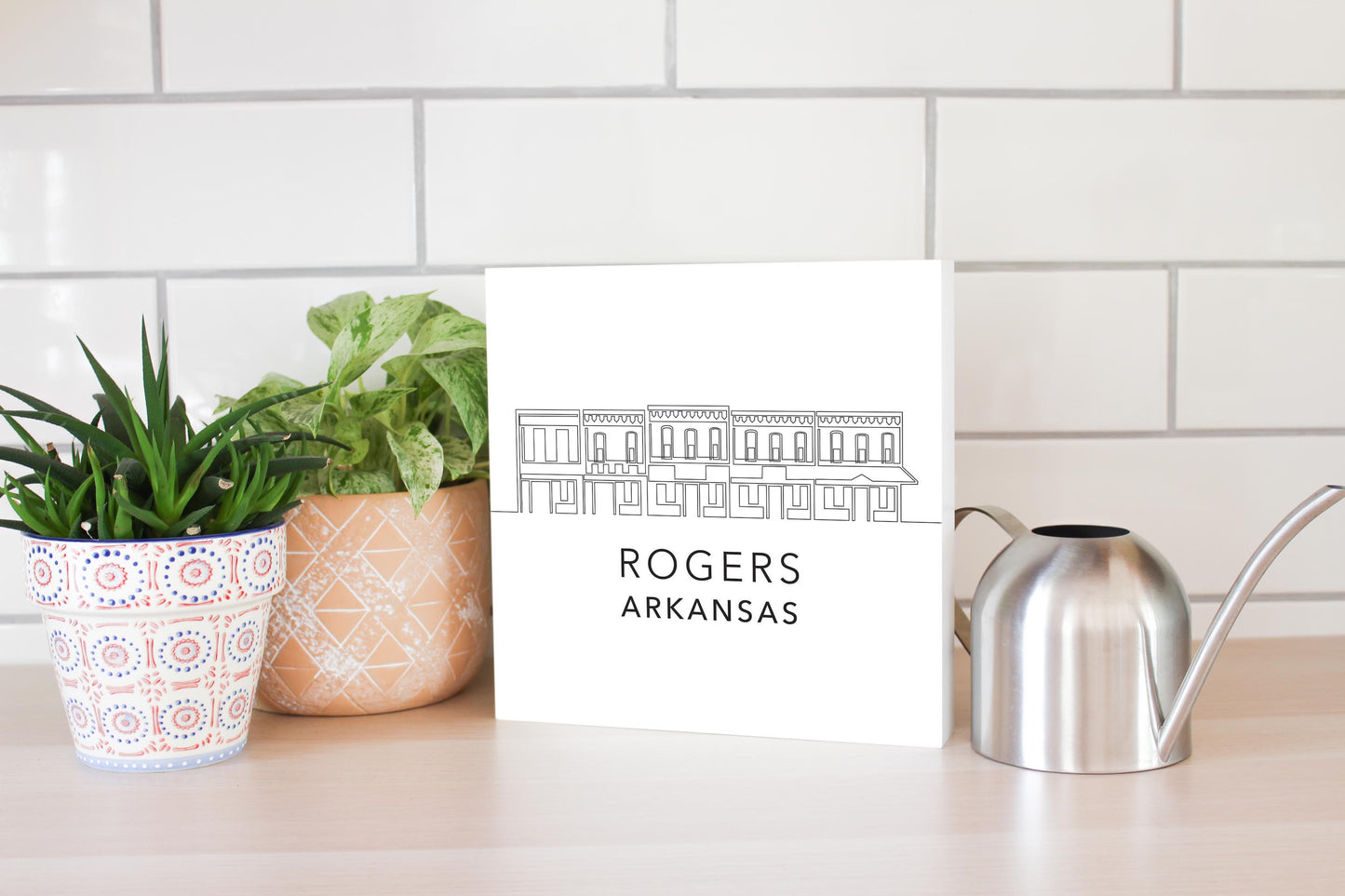 Minimalist B&W Arkansas Rogers Skyline | Wood Block | Eaches | Min 2