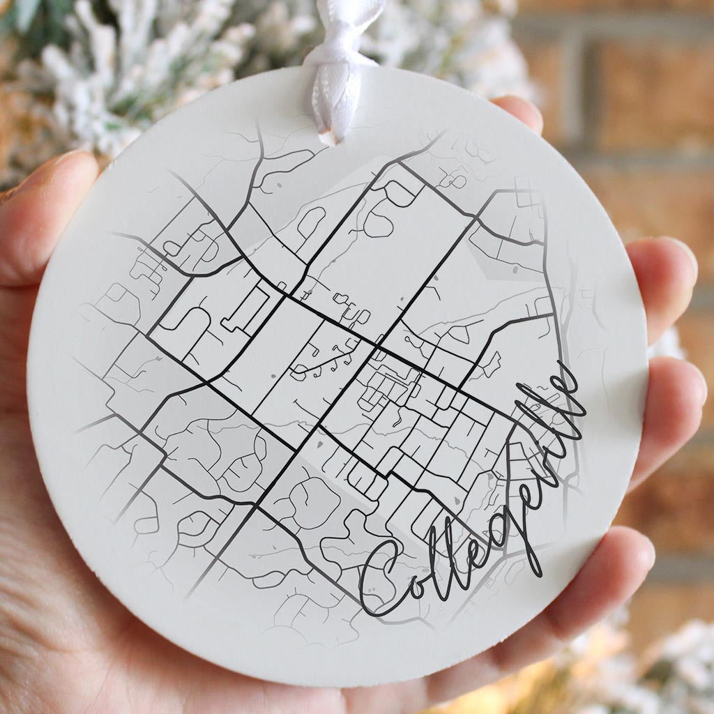 Minimalistic B&W Pennsylvania Collegeville Circle Map| Wood Ornament | Eaches | Min 6