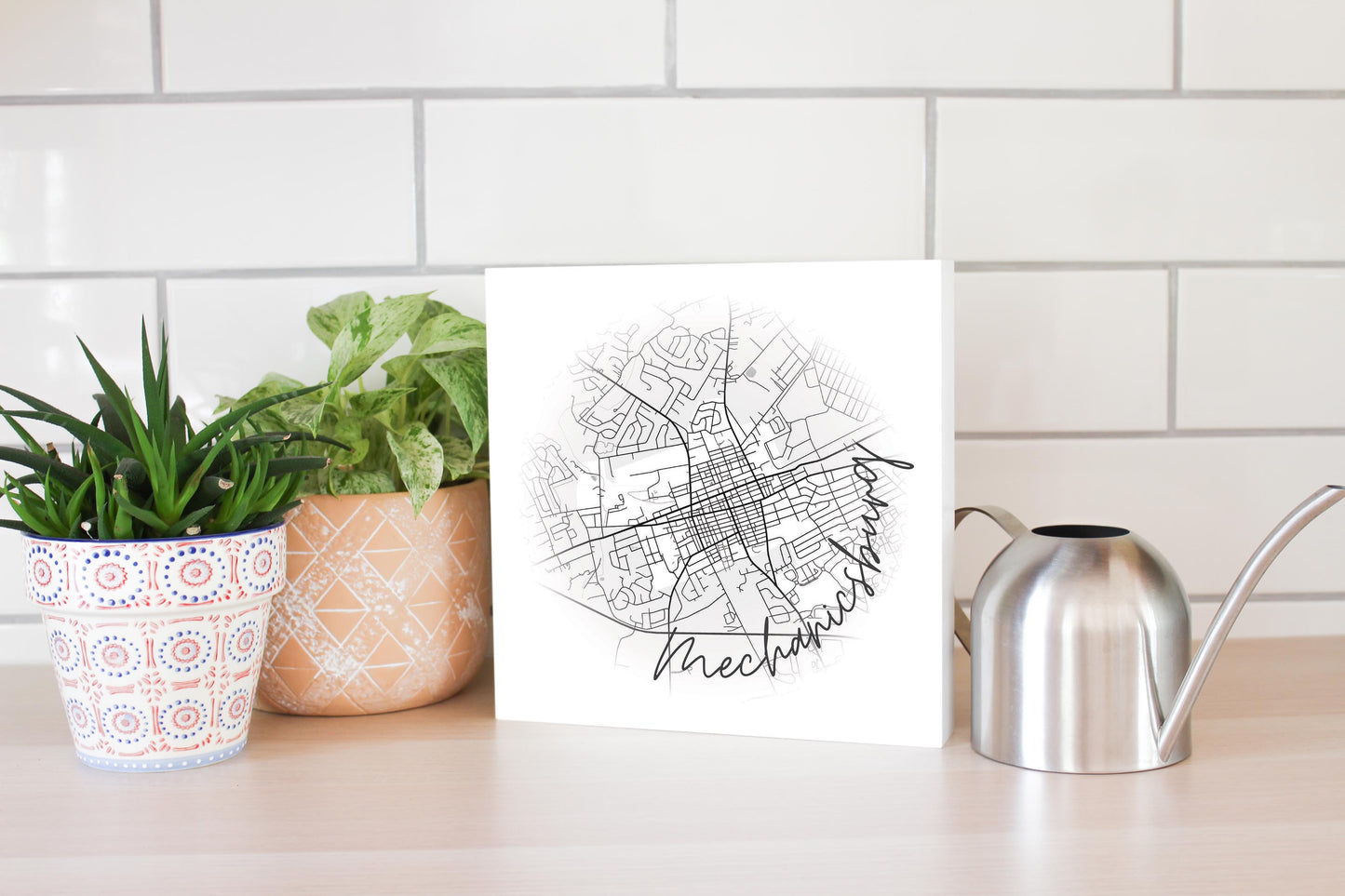 Minimalistic B&W Pennsylvania Mechanicsburg Circle Map | Wood Block | Eaches | Min 2
