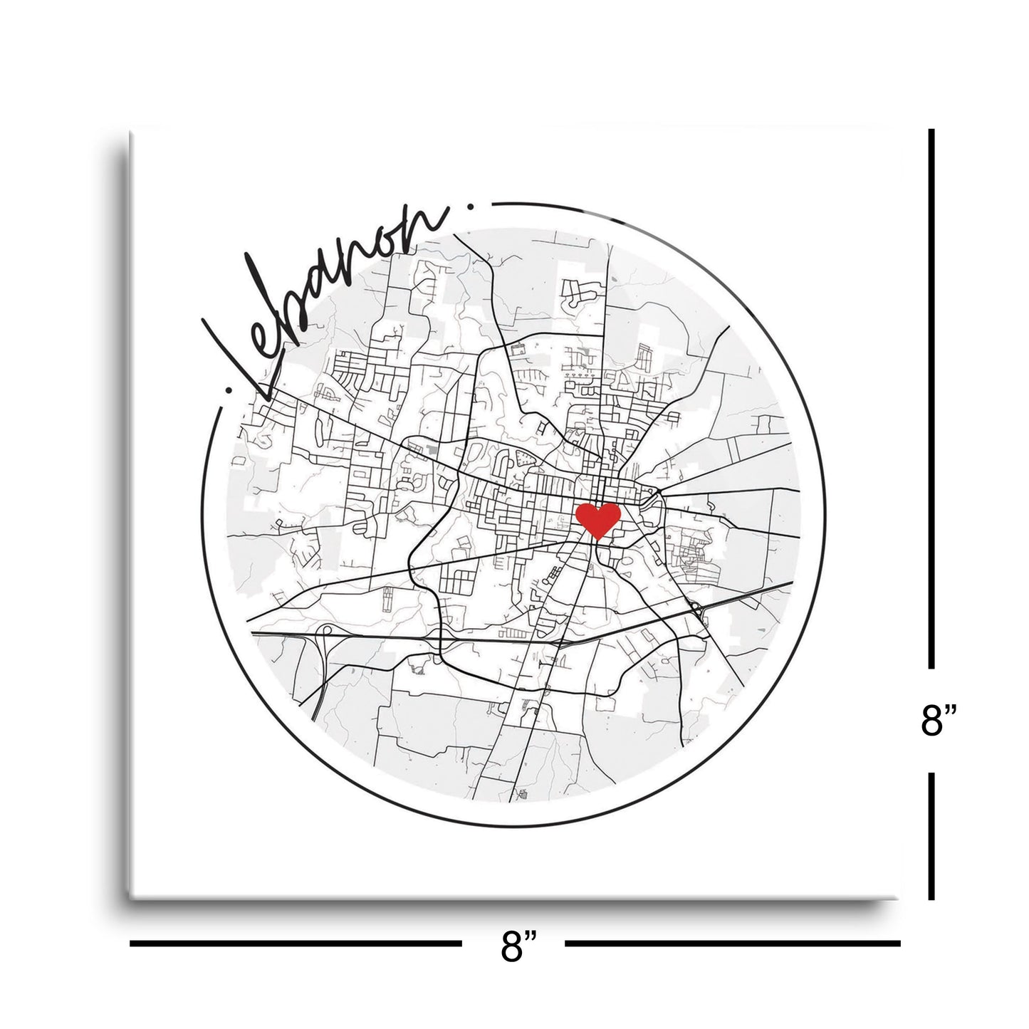 Minimalist B&W Tennessee Lebanon Circle Map Heart | Hi-Def Glass Art | Eaches | Min 2