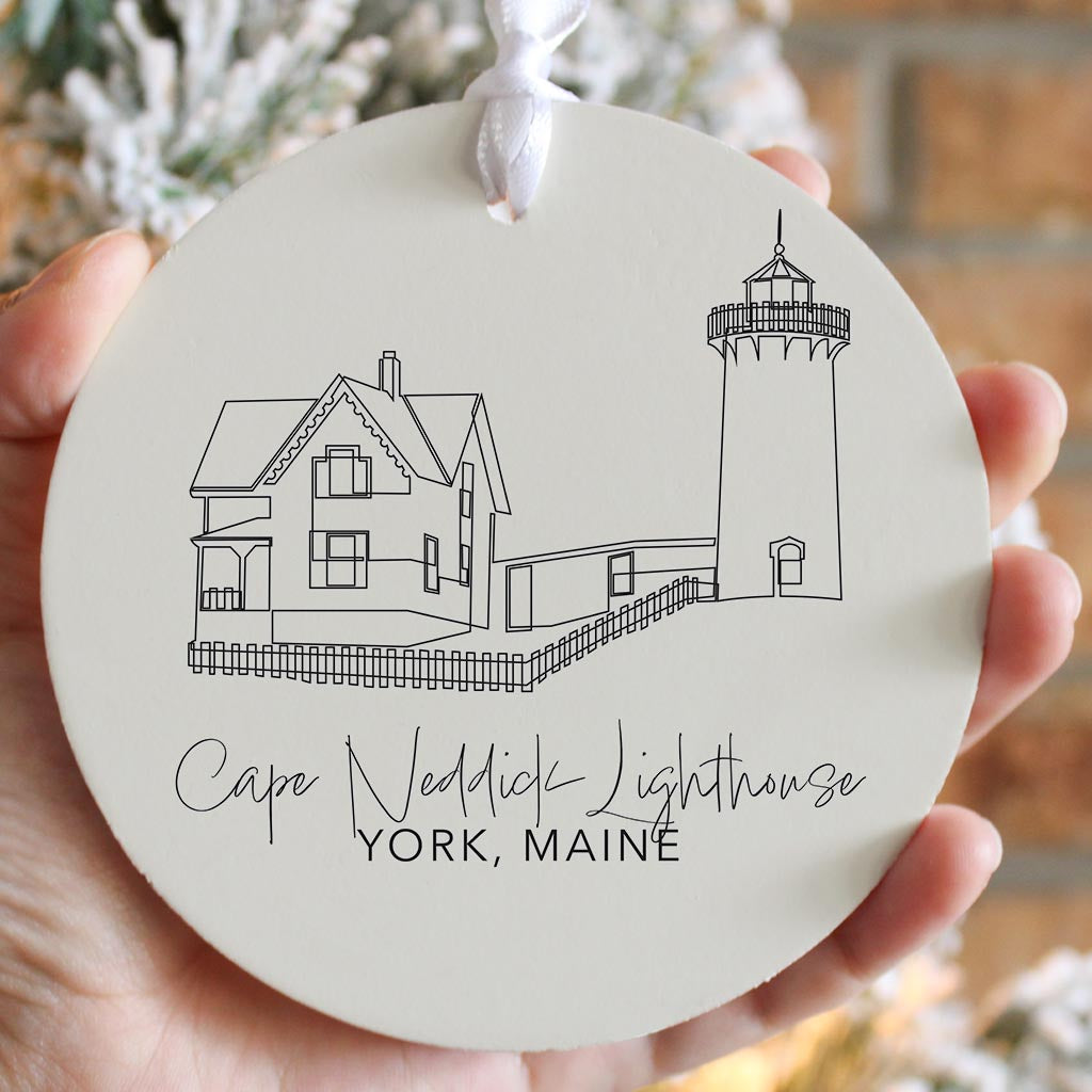 Cream Cape Neddick Lighthouse| Wood Ornament | Eaches | Min 6