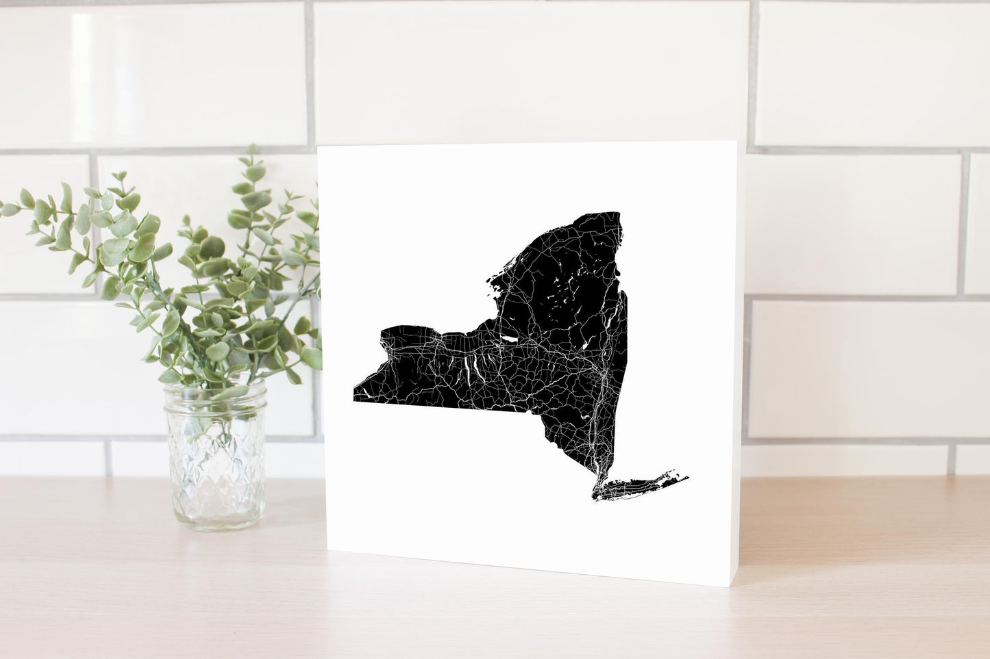 Minimalistic B&W New York State With Map | Wood Block | Eaches | Min 2