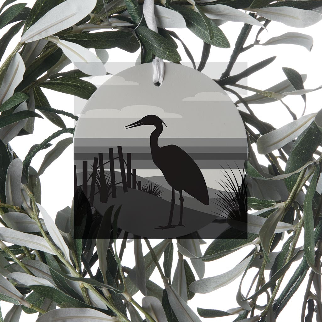 Minimalistic B&W Cape Cod Heron Illustration | Wood Ornament | Eaches | Min 6
