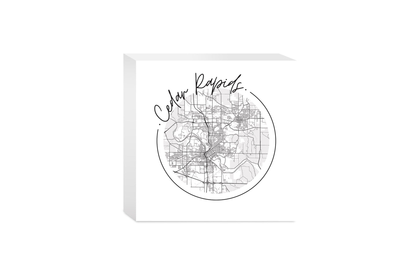Minimalistic B&W Iowa Cedar Rapids Circle Map | Wood Block | Eaches | Min 4