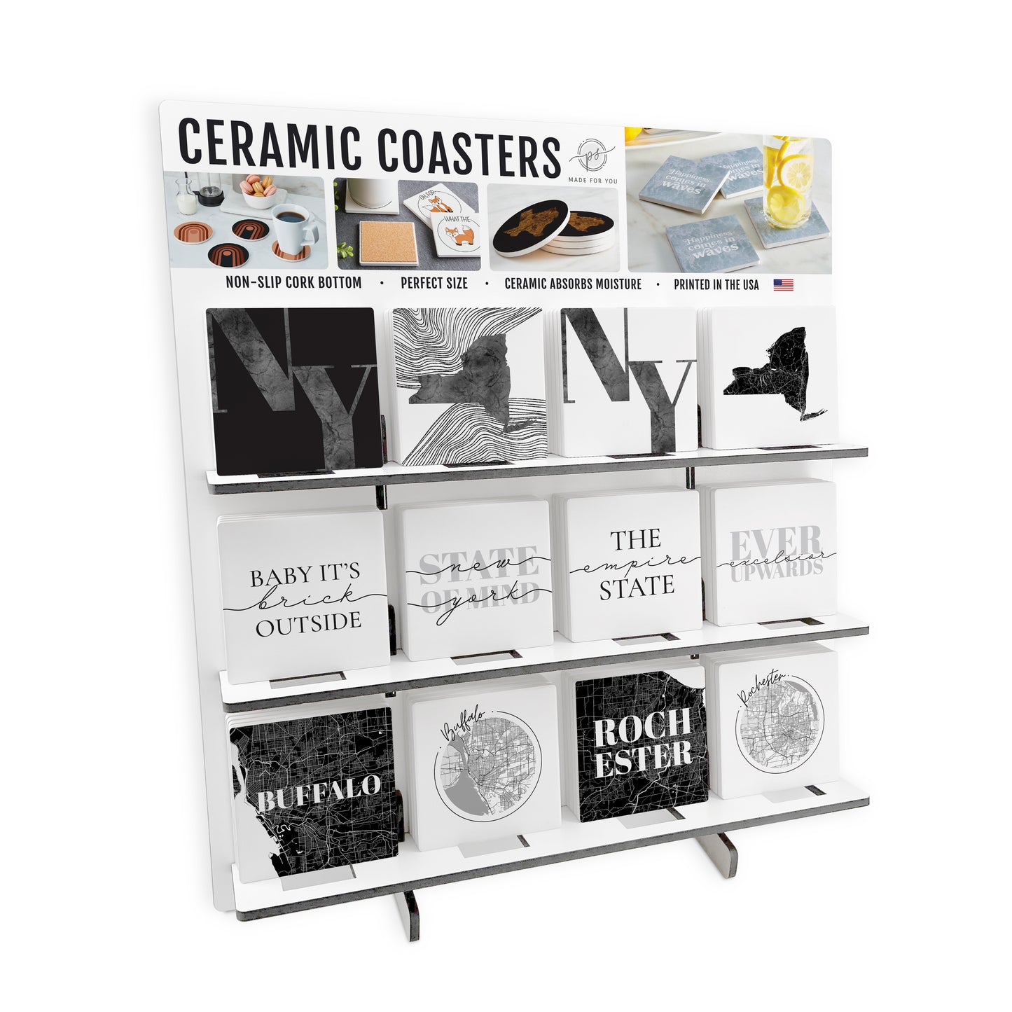 Minimalistic B&W New York Ceramic Square Coaster Loaded Display POP Min of 1