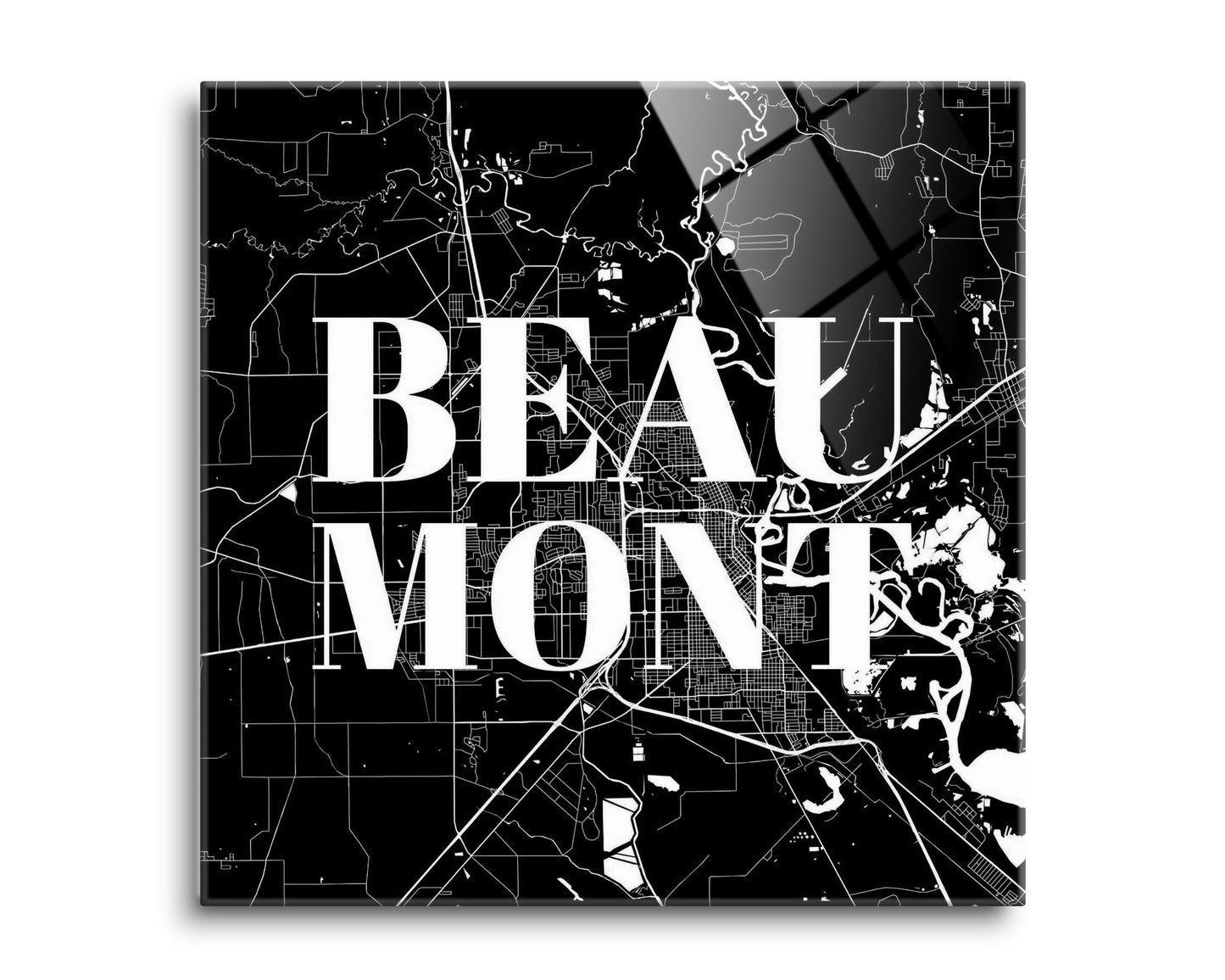 Minimalistic B&W Texas Beaumont Map | Hi-Def Glass Art | Eaches | Min 2