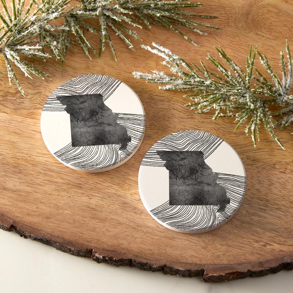 Minimalist B&W Missouri State With Fluid Lines | Absorbent Car Coasters | Set of 2 | Min 4