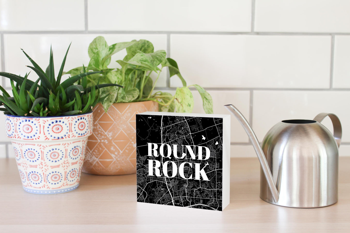 Minimalistic B&W Texas Round Rock Map| Wood Block | Eaches | Min 4