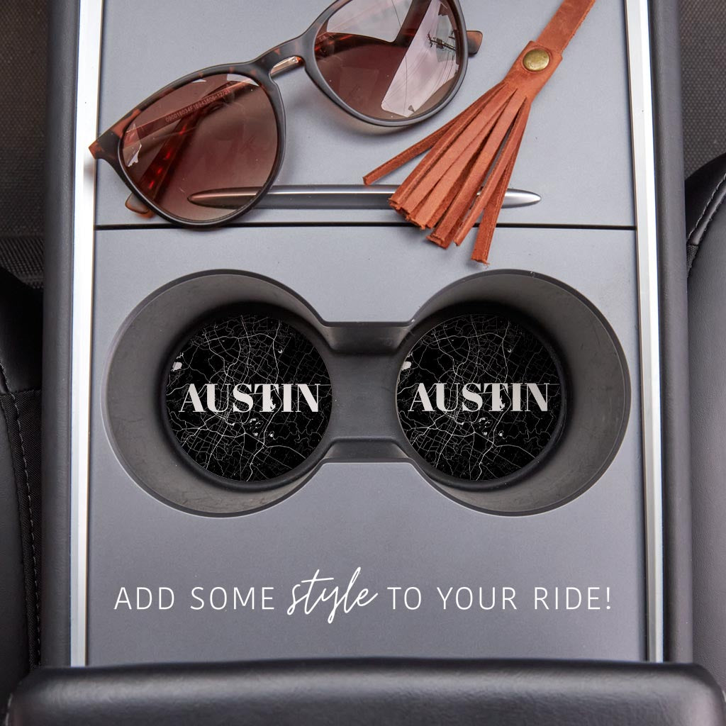 Minimalistic B&W Texas Austin Map | Absorbent Car Coasters | Set of 2 | Min 4