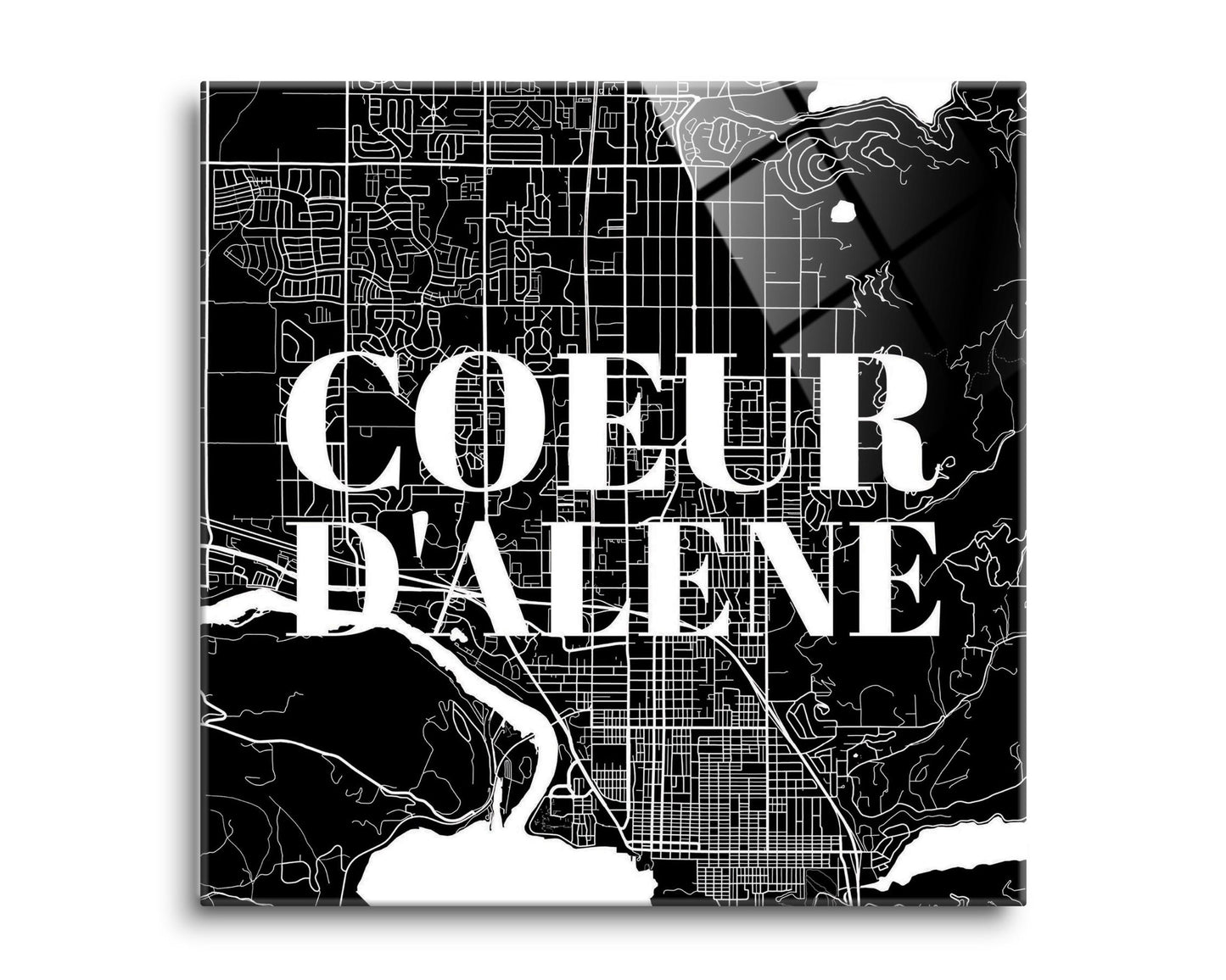 Minimalist B&W Idaho Coeur Dalene Map | Hi-Def Glass Art | Eaches | Min 2
