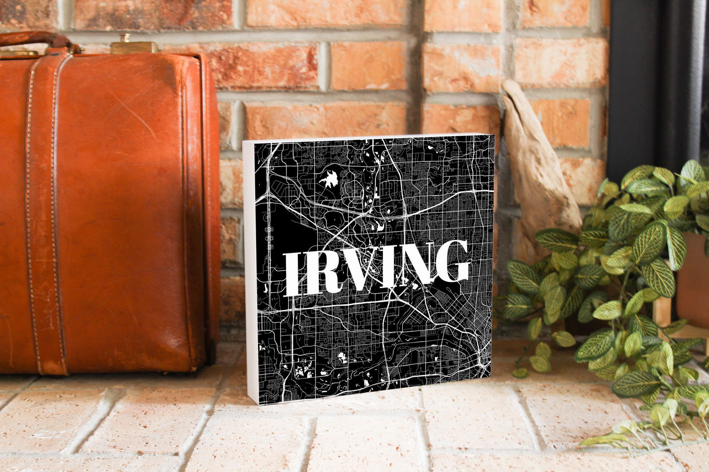 Minimalistic B&W Texas Irving Map | Wood Block | Eaches | Min 2