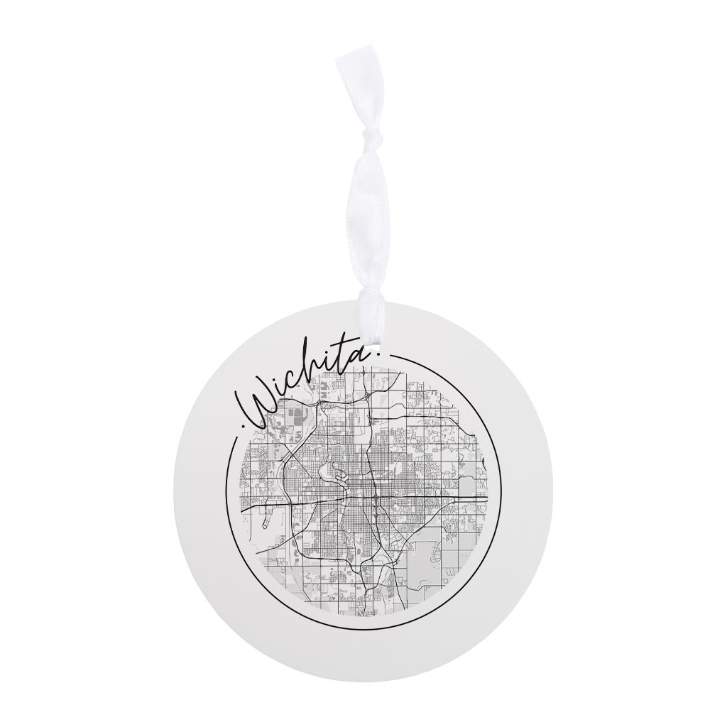 Minimalist B&W Kansas Wichita Circle Map | Wood Ornament | Eaches | Min 6