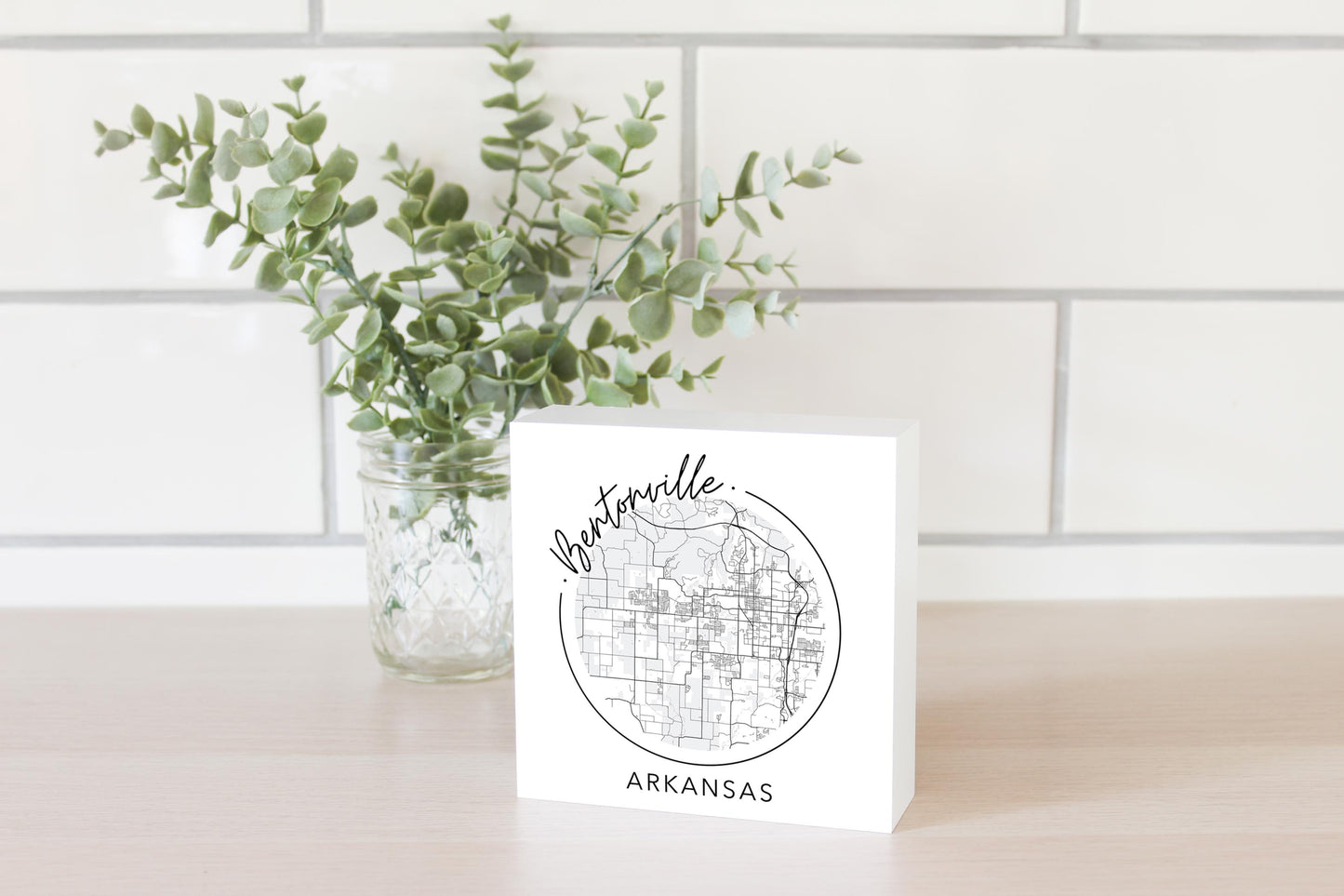 Minimalist B&W Arkansas Bentonville Circle Map State | Wood Block | Eaches | Min 4