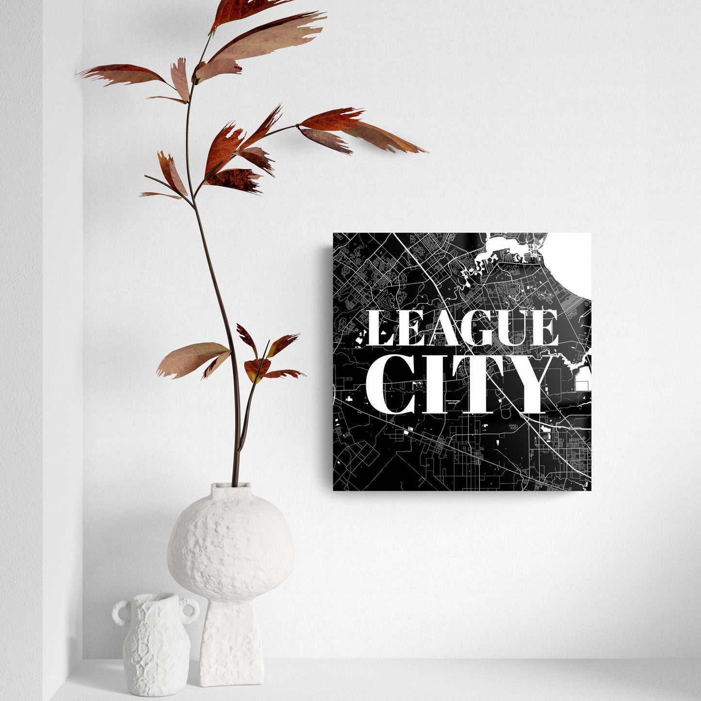 Minimalistic B&W Texas League City Map | Hi-Def Glass Art | Eaches | Min 2
