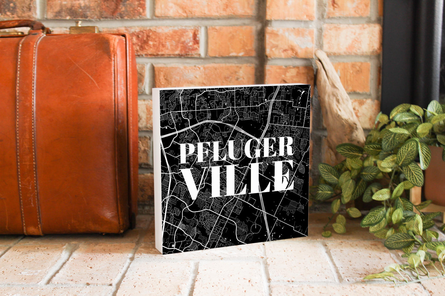 Minimalistic B&W Texas Pflugerville Map | Wood Block | Eaches | Min 2