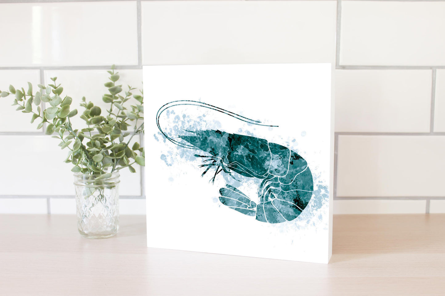 Blue White Water Color Shrimp | Wood Block | Eaches | Min 2