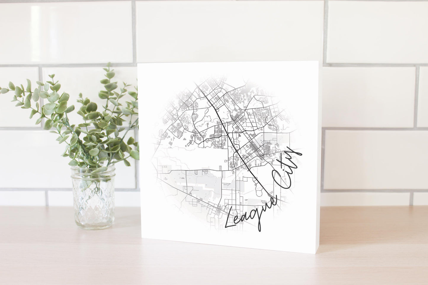 Minimalistic B&W Texas League City Circle Map | Wood Block | Eaches | Min 2