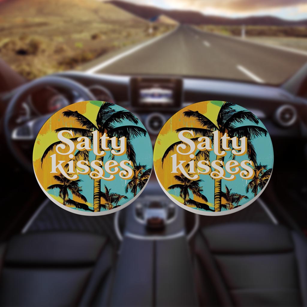 Salty Kisses Palm Trees | Absorbent Car Coasters | Set of 2 | Min 4