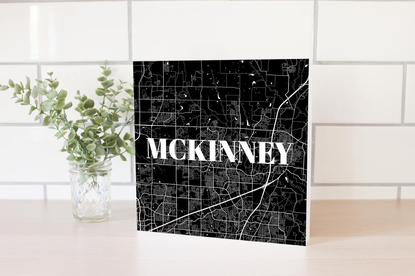 Minimalistic B&W Texas Mckinney Map | Wood Block | Eaches | Min 2