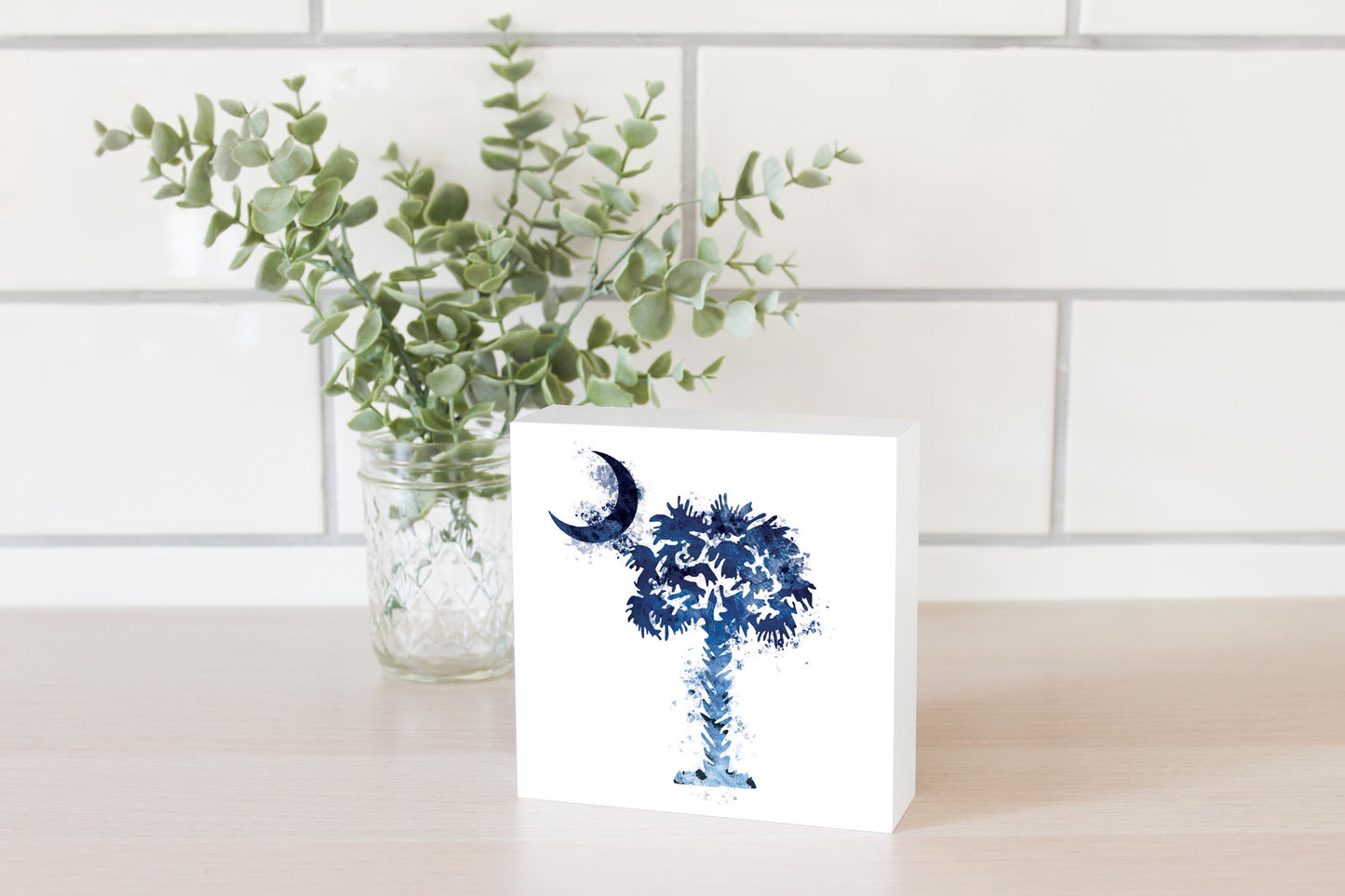 South Carolina Blue Water Color Palm Trees On White | Wood Block | Eaches | Min 4