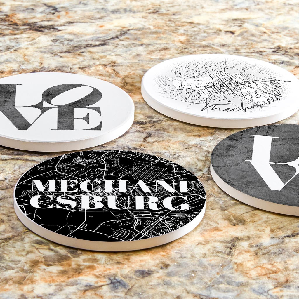 Minimalistic B&W Pennsylvania Mechanicsburg Maps Love| Absorbent Coasters | Set of 4 | Min 2