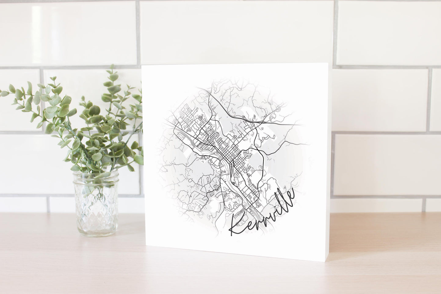Minimalistic B&W Texas Kerrville Circle Map | Wood Block | Eaches | Min 2