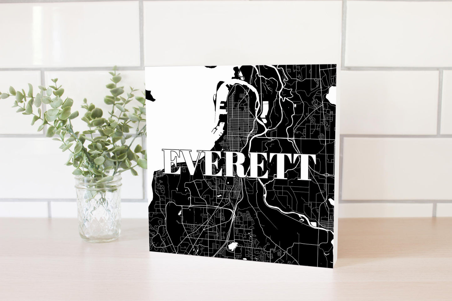 Minimalistic B&W Washington Everett Map | Wood Block | Eaches | Min 2