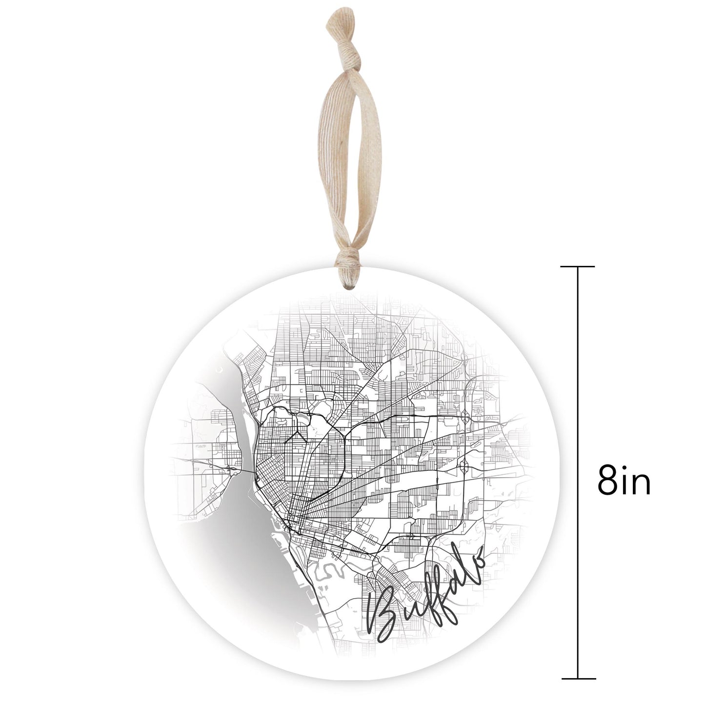 Minimalistic B&W New York Buffalo Faded Circle Map | Wood Ornament | Eaches | Min 1