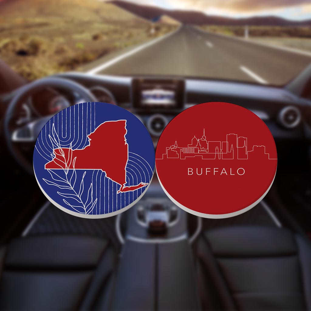 Red White And Blue New York State Buffalo Skyline| Absorbent Car Coasters | Set of 2 | Min 4