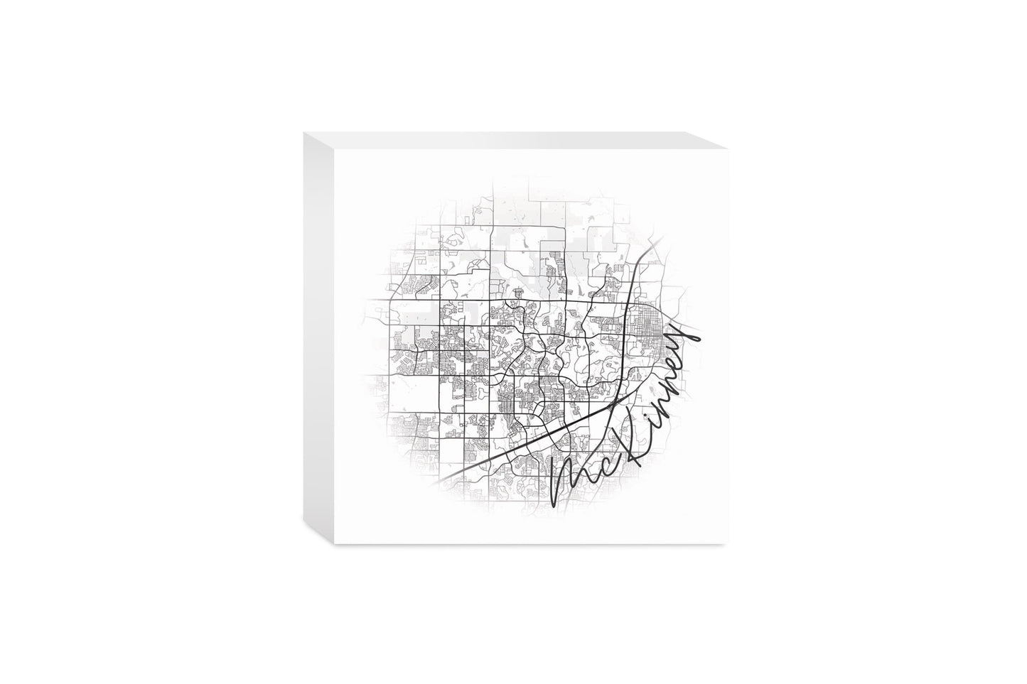 Minimalistic B&W Texas Mckinney Circle Map | Wood Block | Eaches | Min 4