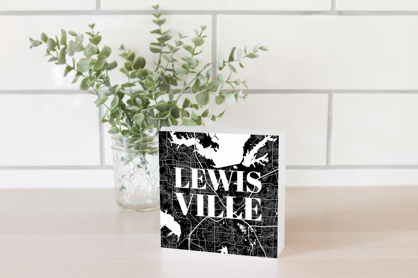 Minimalistic B&W Texas Lewisville Map | Wood Block | Eaches | Min 4