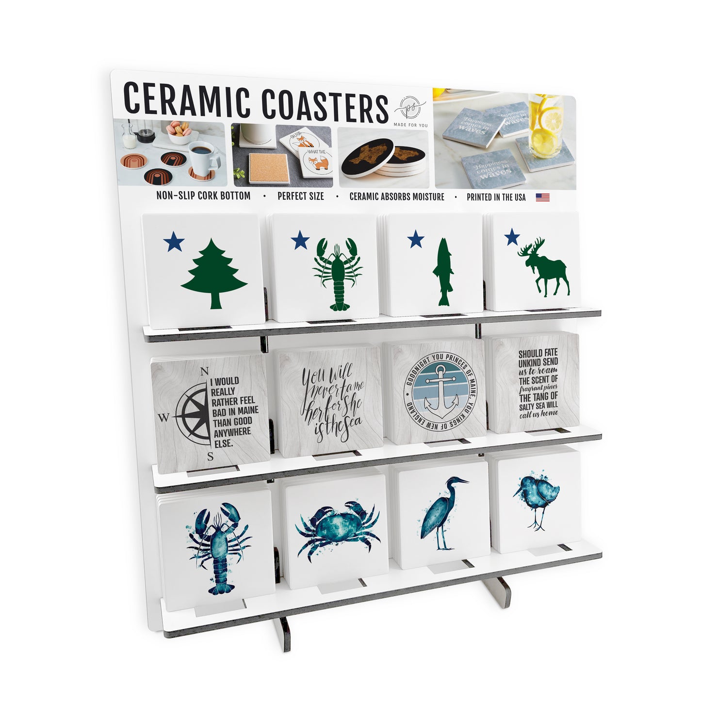 New England 1 Theme Square Ceramic Coaster Loaded Display POP Min of 1