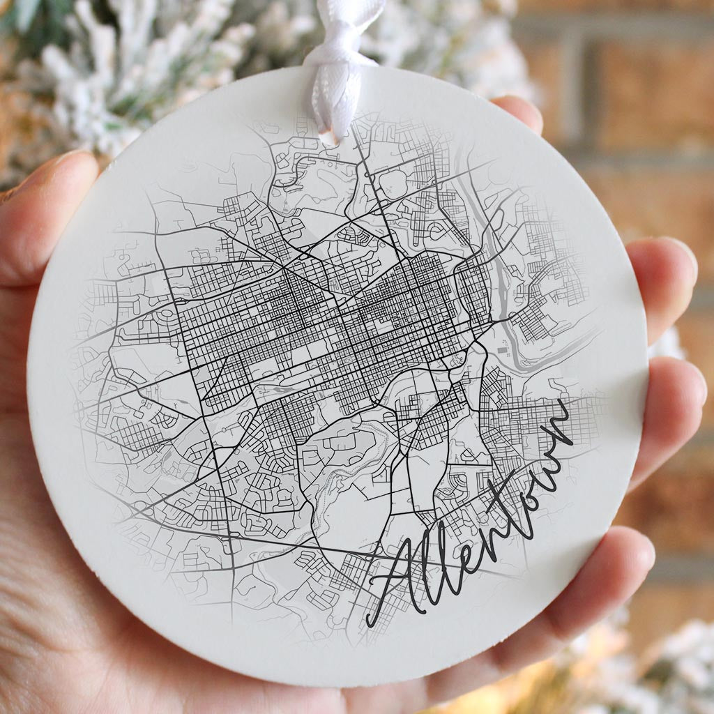 Minimalistic B&W Pennsylvania Allentown Circle Map | Wood Ornament | Eaches | Min 6
