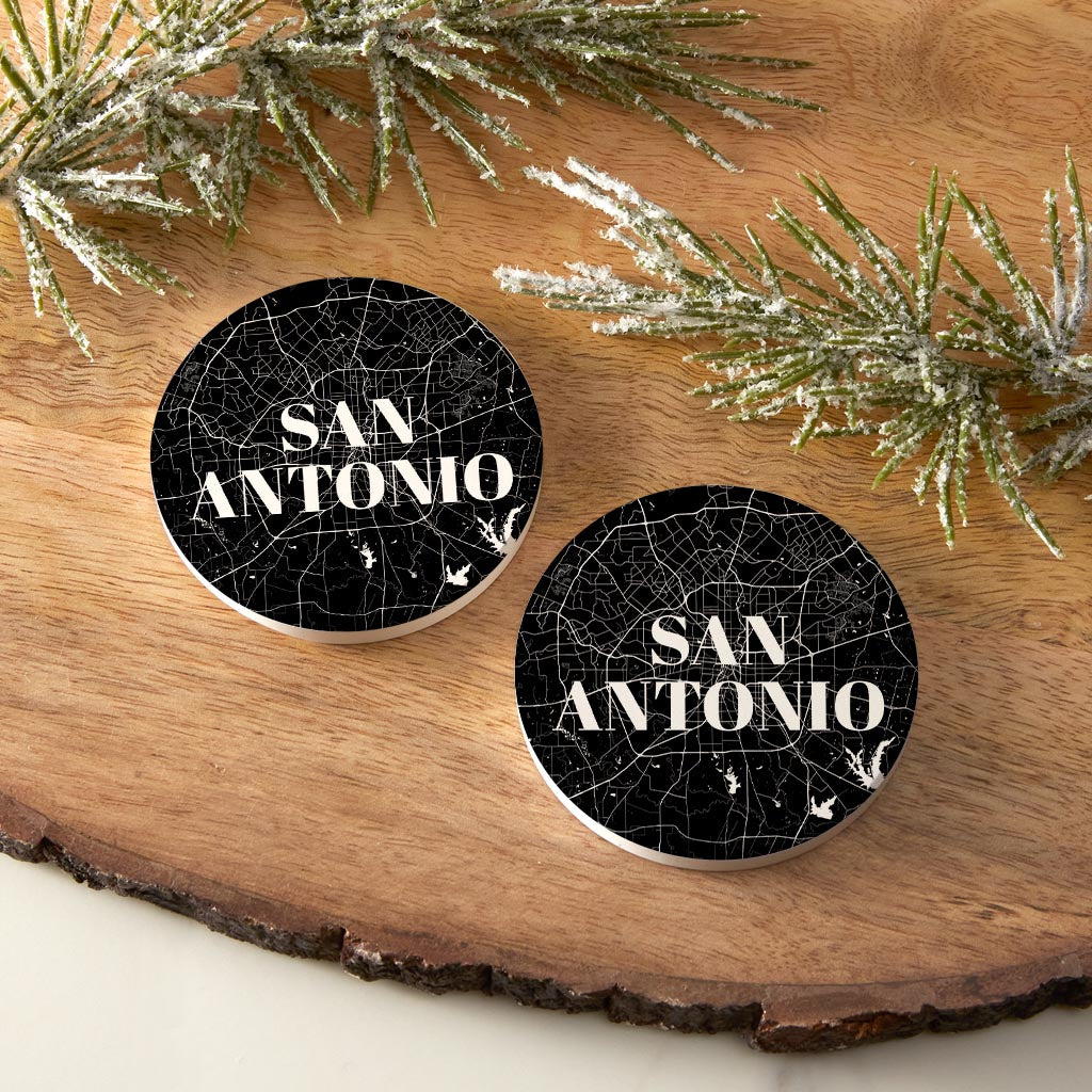 Minimalistic B&W Texas San Antonio Map | Absorbent Car Coasters | Set of 2 | Min 4
