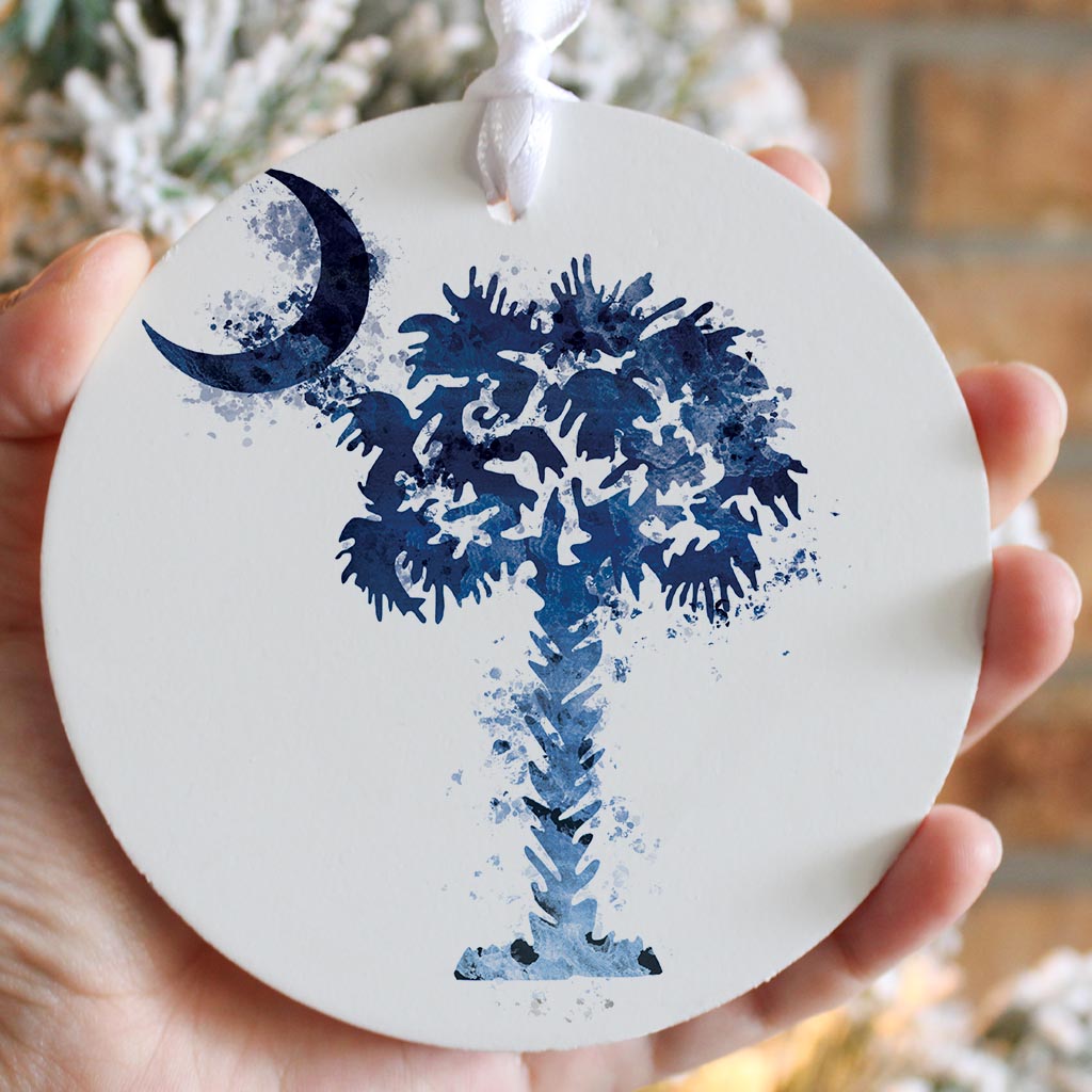 South Carolina Blue Water Color Palm Trees On White| Wood Ornament | Eaches | Min 6