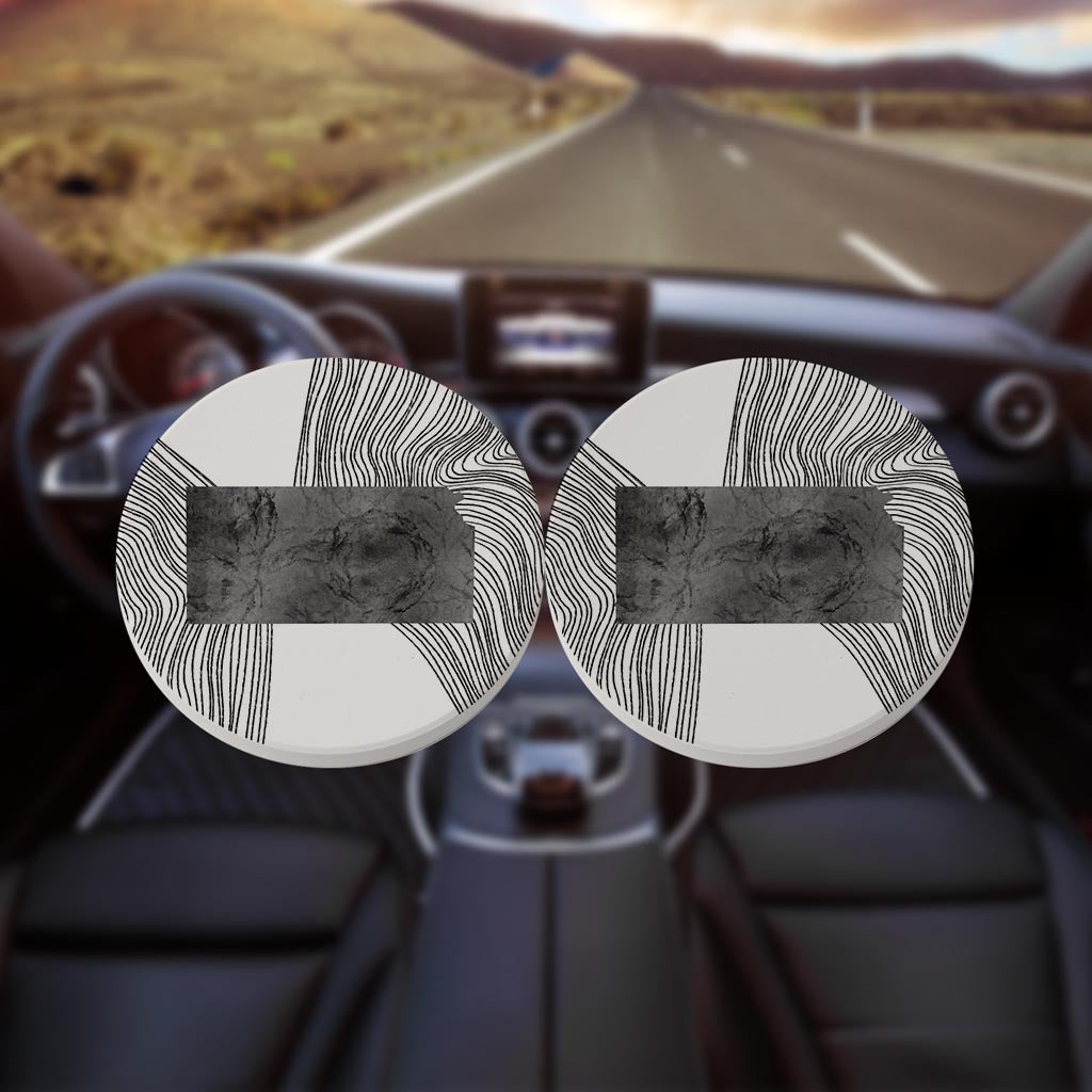 Minimalist B&W Kansas State With Fluid Lines | Absorbent Car Coasters | Set of 2 | Min 4
