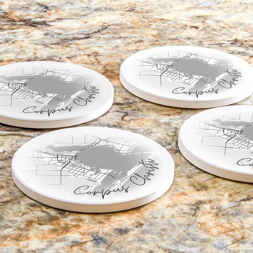Minimalistic B&W Texas Corpus Christi Circle Map | Absorbent Coasters | Set of 4 | Min 2
