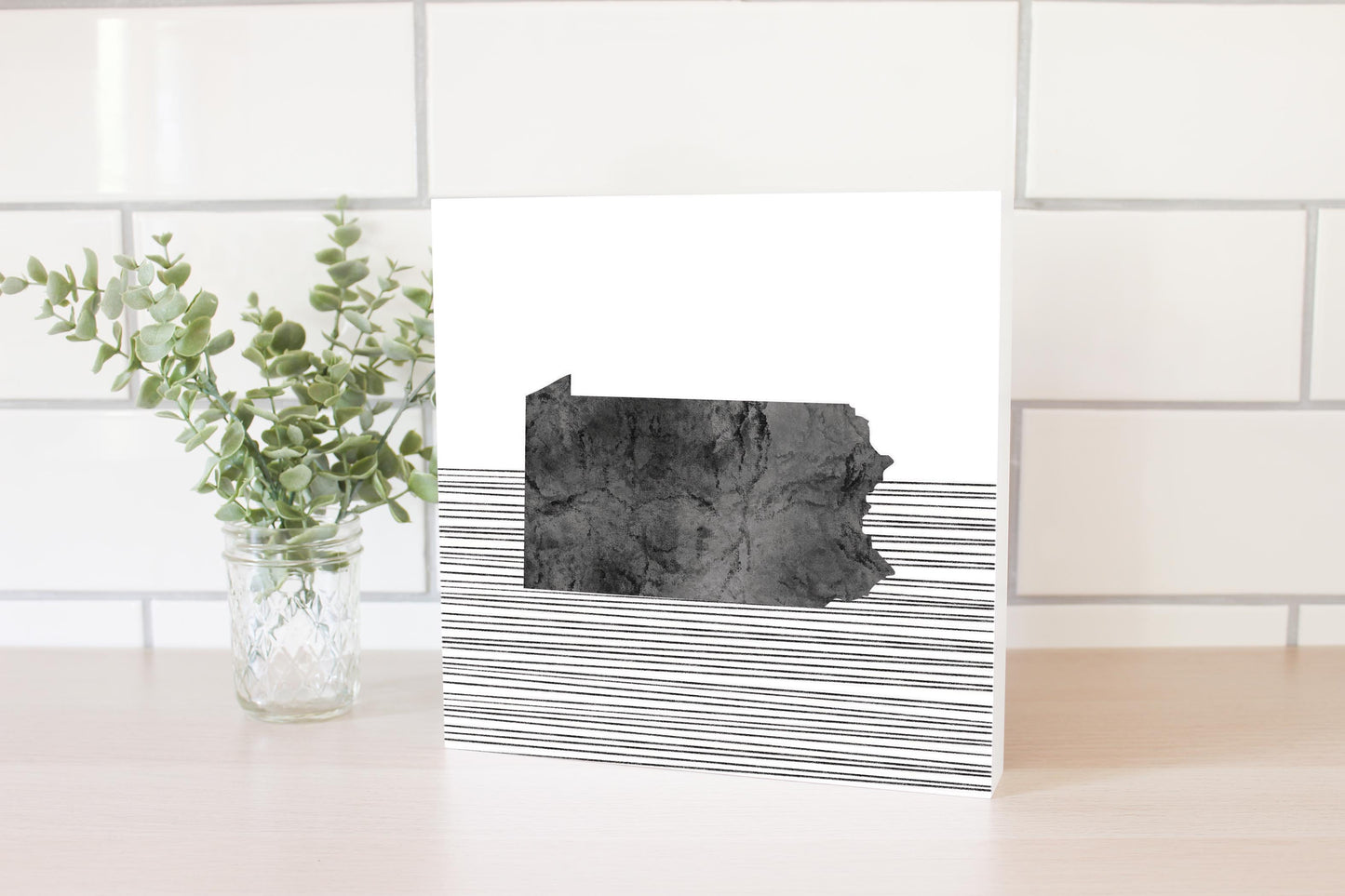 Minimalistic B&W Pennsylvania Shape Straight Lines | Wood Block | Eaches | Min 2