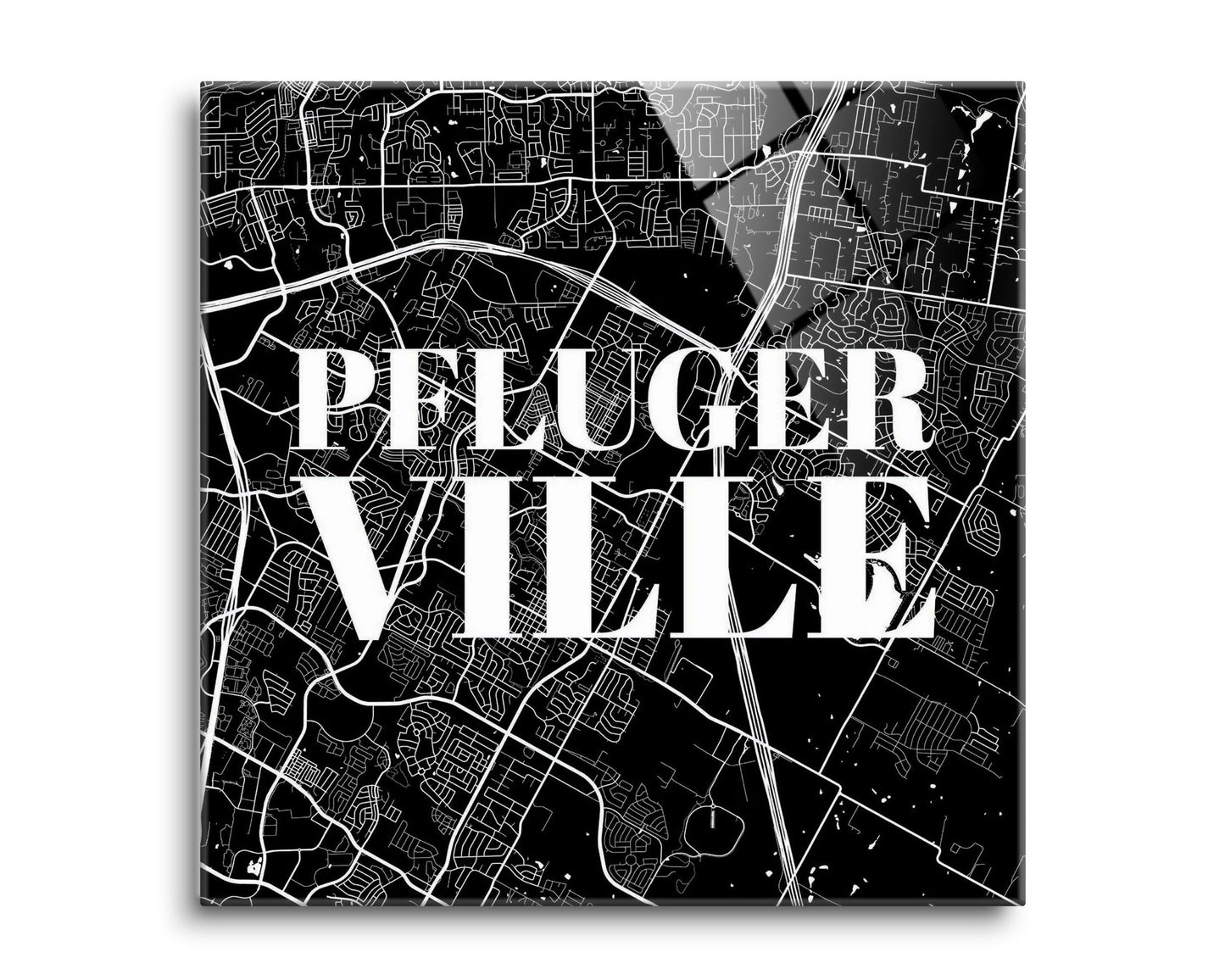 Minimalistic B&W Texas Pflugerville Map| Hi-Def Glass Art | Eaches | Min 2