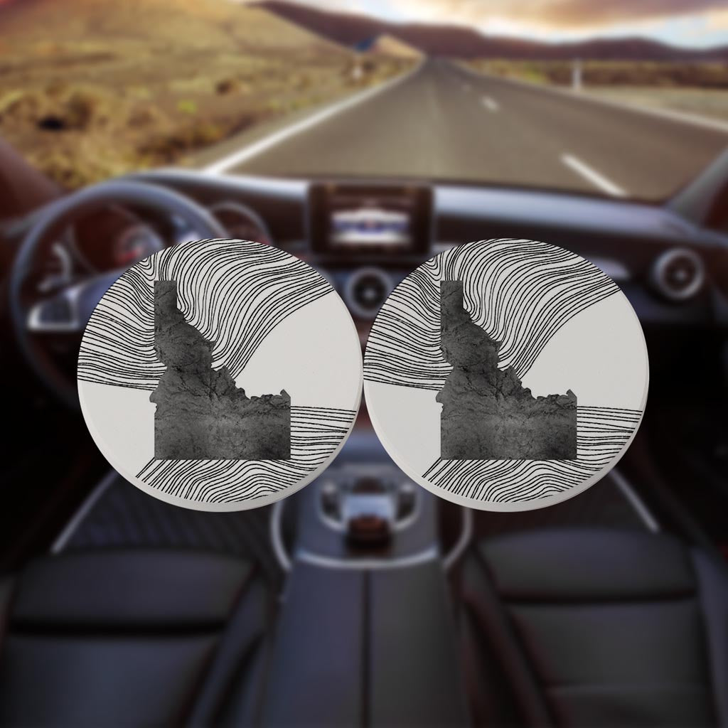 Minimalist B&W Idaho State With Fluid Lines | Absorbent Car Coasters | Set of 2 | Min 4