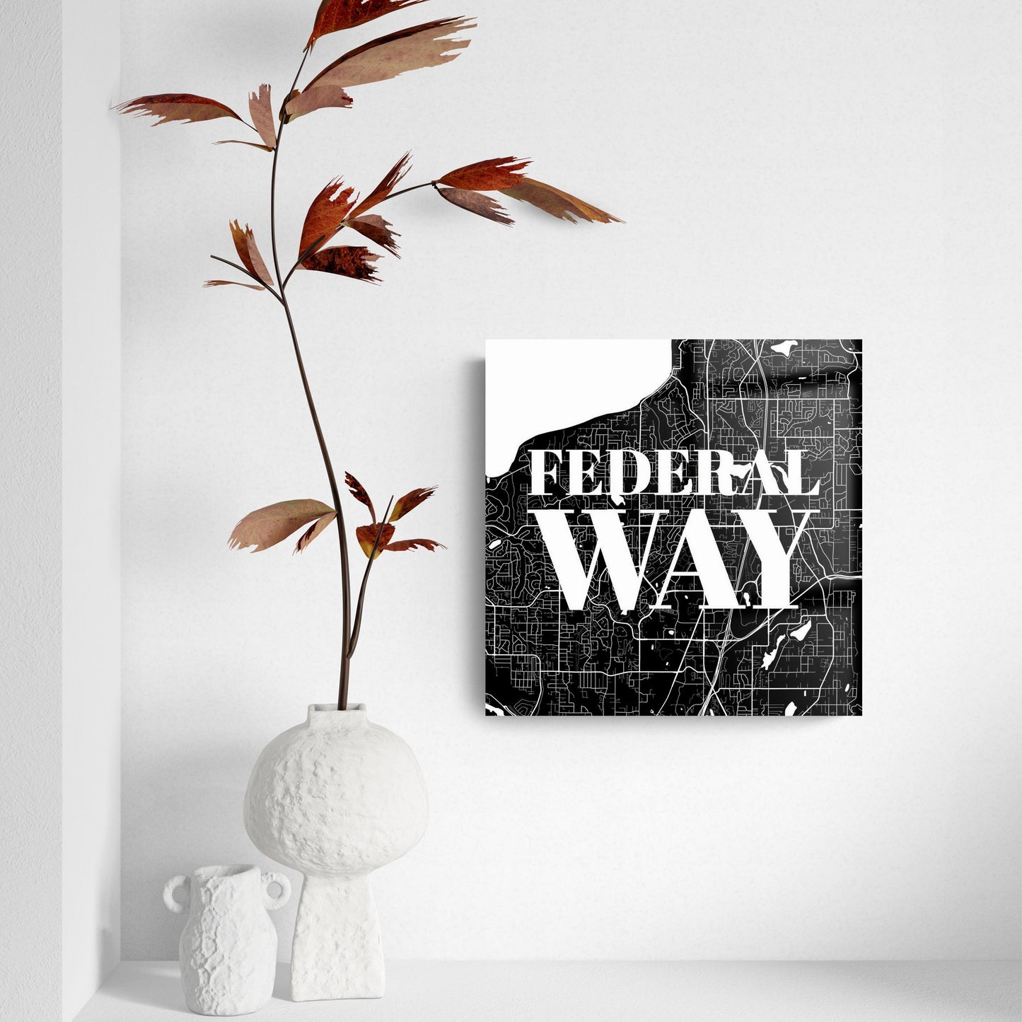 Minimalistic B&W Washington Federal Way Map | Hi-Def Glass Art | Eaches | Min 2
