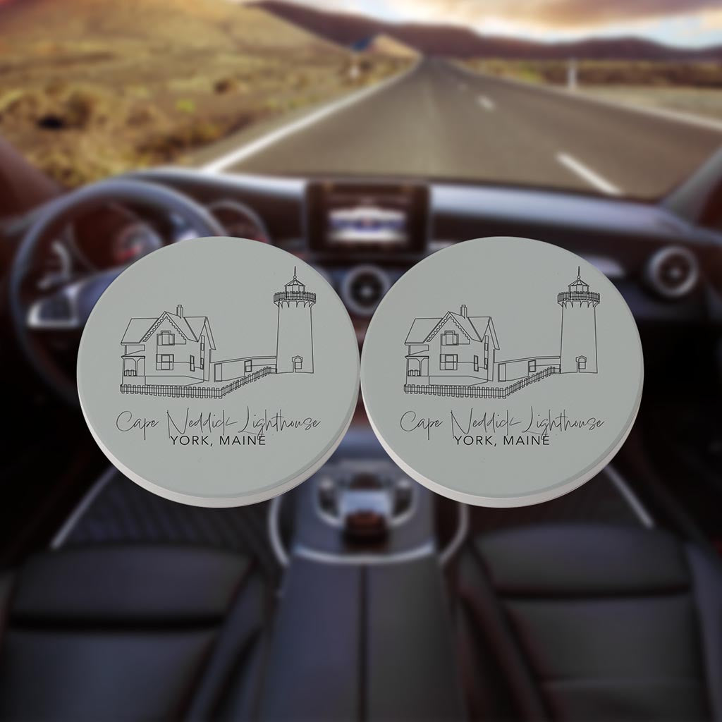 Cape Neddick Lighthouse Muted Coastal | Absorbent Car Coasters | Set of 2 | Min 4